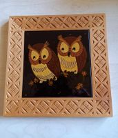 Schönes Eulenbild Keramik Holzrahmen Vintage Deko