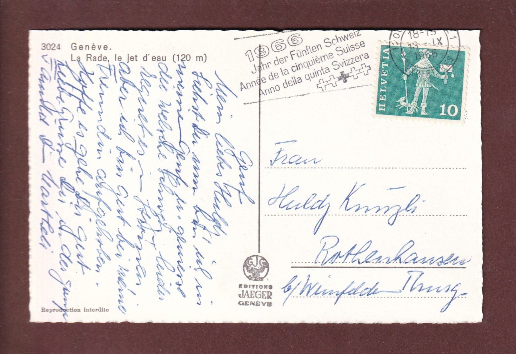 Cartoline postali: GENEVE - Jet d'eau - 1966 – Usato da Pully venduto da nicecards 1