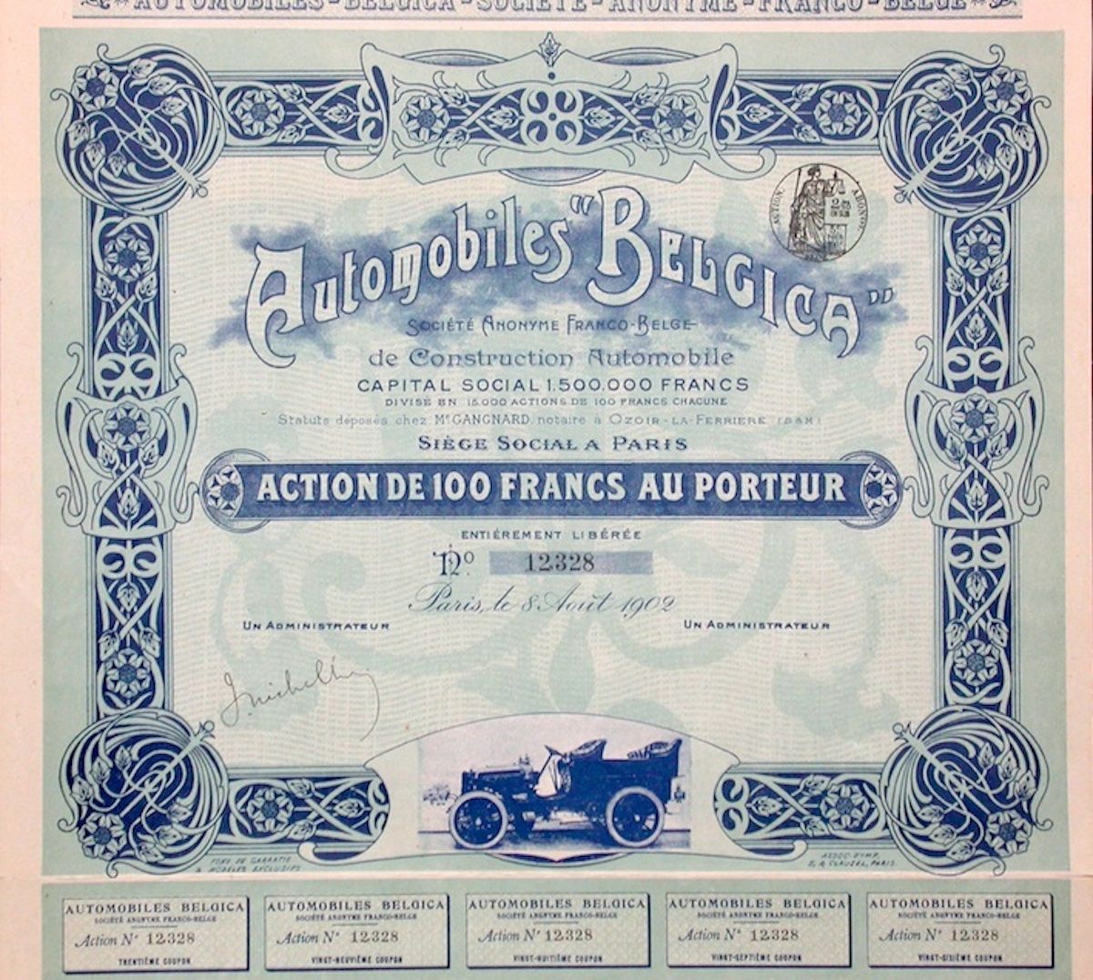 Documenti: Automobiles "Belgica" SA, Paris - 1902 – Usato da Solothurn venduto da Sgasche