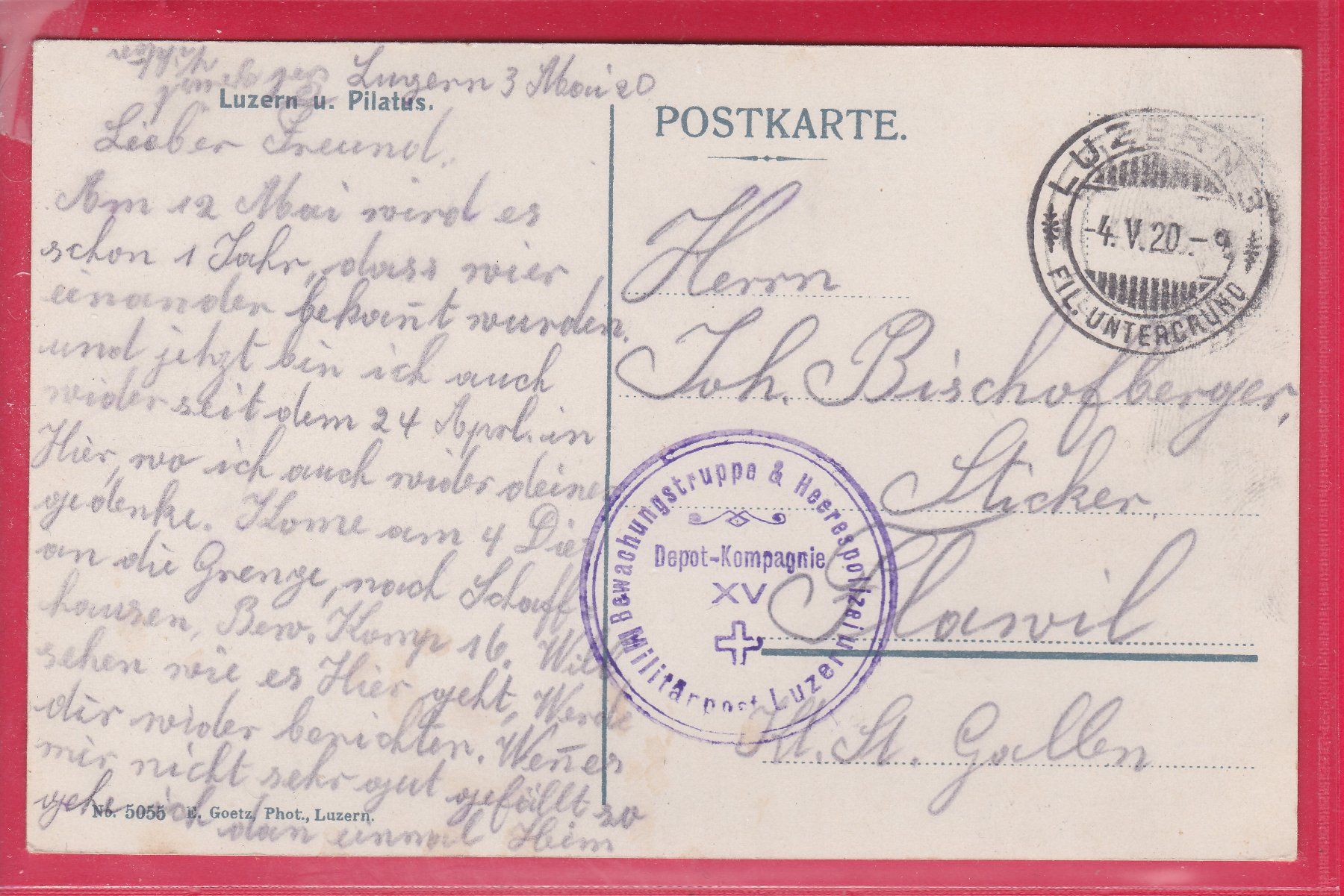 Cartoline postali: LUZERN UND PILATUS, 4.5.1920, FELDPOST – Usato da Oberrieden venduto da Gebirgsstelze 1