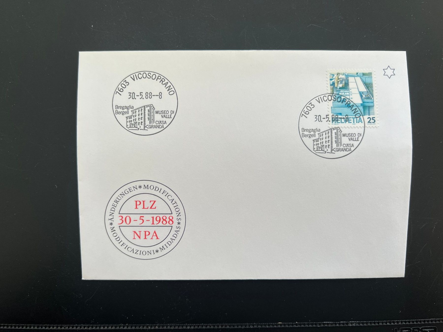 Tutti i francobolli: Vicosoprano Erstagbrief-Werbe-Stempel  (M879) – Usato da Hinwil venduto da Sidi4