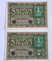 2 Reichsbanknoten FÜNFZIG MARK von 1919, unzirkuliert, rar