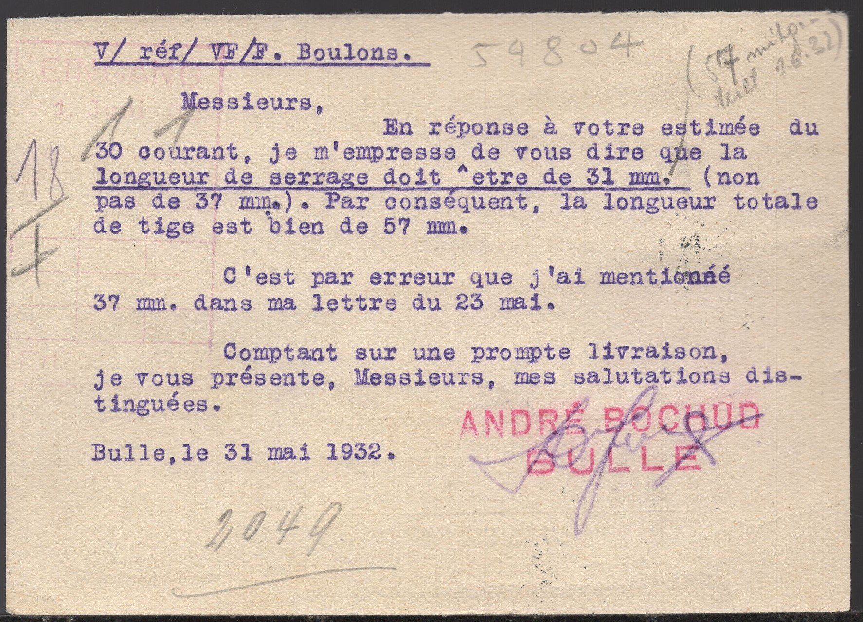 Tutti i francobolli: BULLE, 31.V.32  Andrè Bochud   Geschäftskarte – Usato da Aarau venduto da kufi44 2