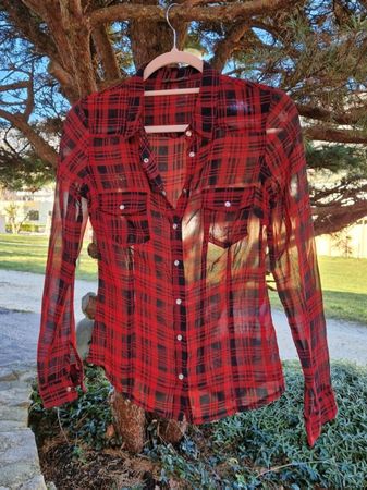Bluse transparent Karo/kariert,rot-schwarz,Druckknopf,Gr.S
