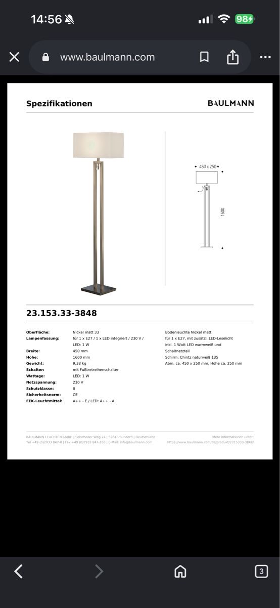 Lampade: Stehlampe LED, Baulmann Nickel matt,  neu – Nuovo (secondo la descrizione) da Muttenz venduto da Ale69 3