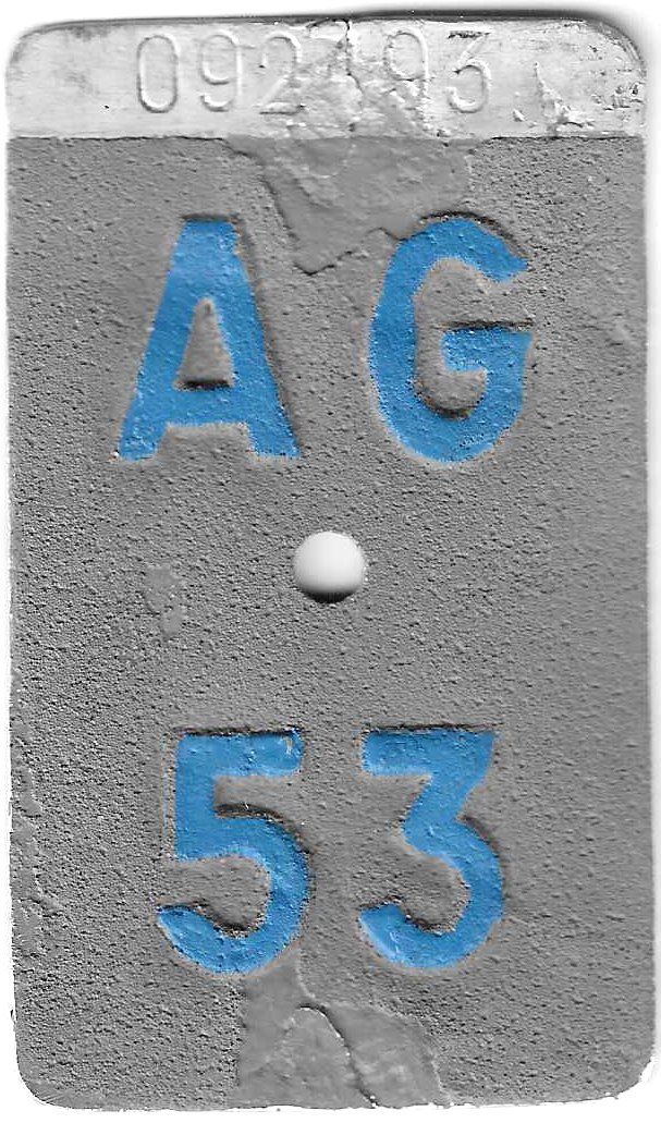 Insegne: Velonummer Aargau 1953 AG 53 – Usato da Bülach venduto da anska