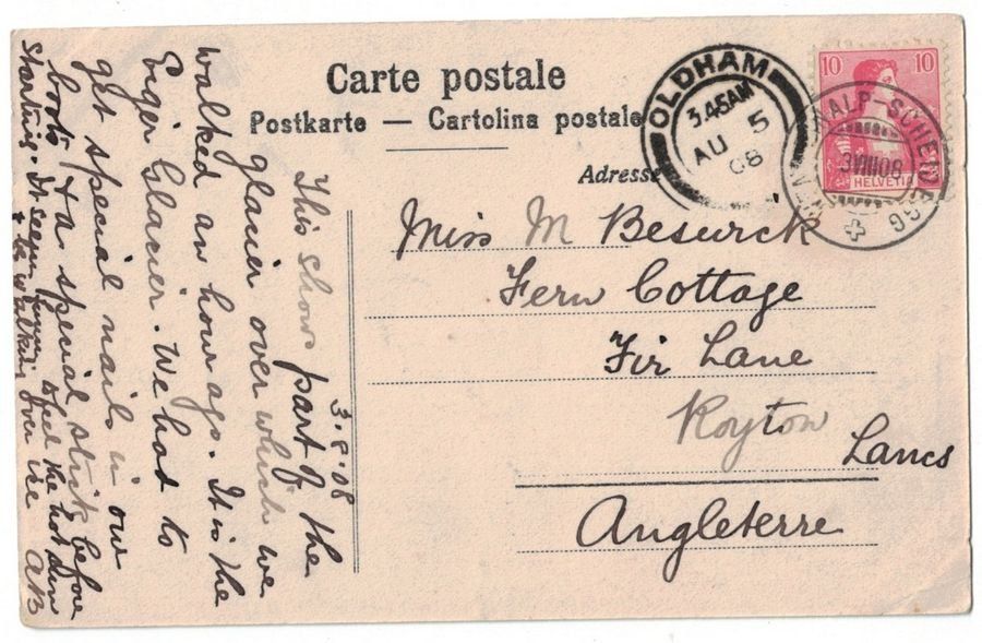 Cartoline postali: Jungfraubahn, Auf dem Eigergletscher, gelaufen 1908 – Usato da Frauenfeld venduto da POML 1