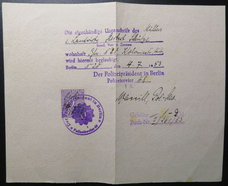 BERLIN, Vollmacht mit UnterschriftsBeglaubigung, MARKE 1953 Kaufen auf Ricardo