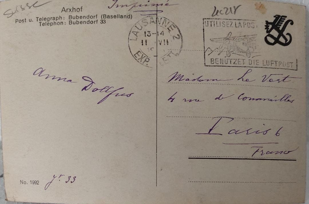 Cartoline postali: BUBENDORF - Arxhof - 1933 – Usato da Delémont venduto da Domdom1 1