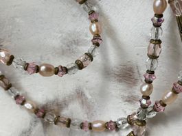 Schönes Vintage Perlen Collier + Armband Rosa Bronzefarben