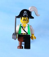 Lego Minifigur Pirat grüne Weste Hutfeder weiß Holzbein