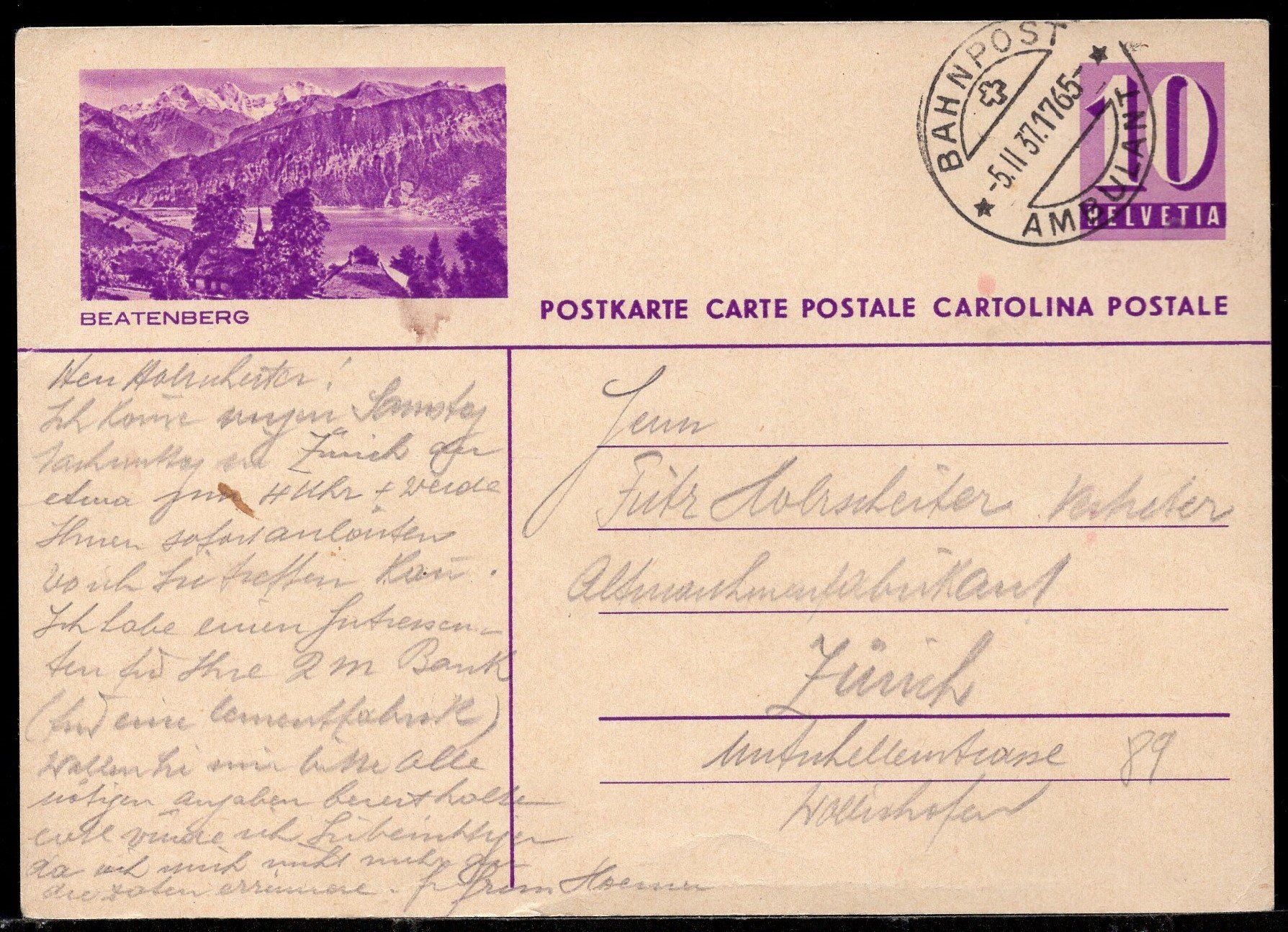 Alle Briefmarken: BEATENBERG   BPK    BAHNPOST 5.II.37 1765 – Gebraucht aus Aarau von kufi44