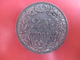 Schweizer 2 Franken Münze, Jahrgang 1931, Rarität!