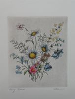 original Radierung Kalligrafie Blumen signiert Klaus Karte