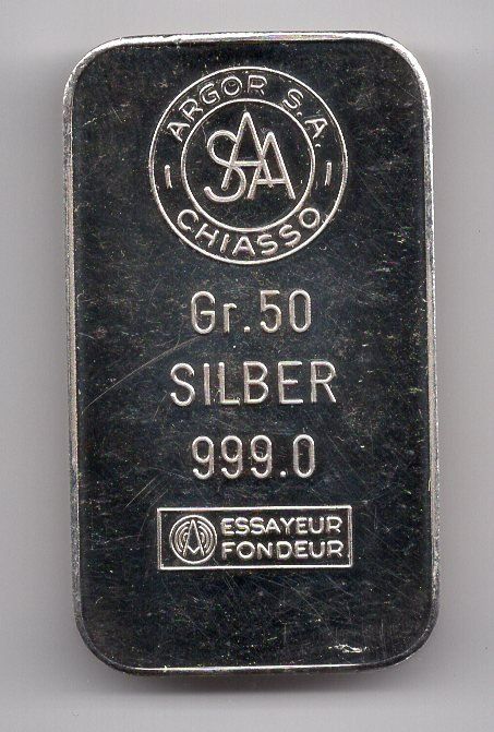 Metalli preziosi: (1967) Silberbarren, 50 g, Argor – Usato da Rüthi (Rheintal) venduto da erdnuessli1