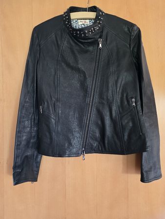  Leather Biker Jacket Black Studded Skull Collar Size M