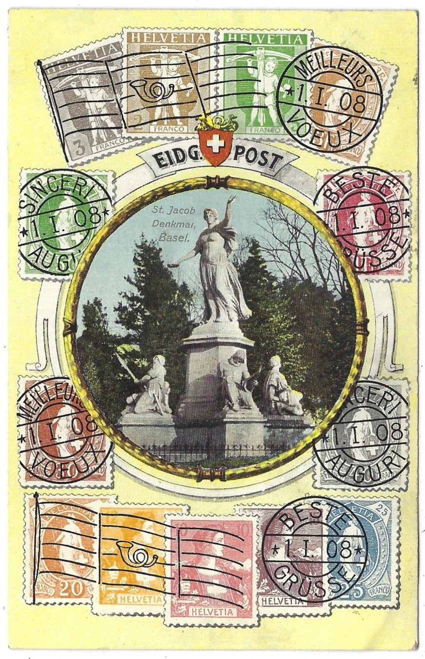 Cartoline postali: EIDG.  POST  -  St. Jacob Denkmal Basel umrandet von Marken – Usato da Bütschwil venduto da Jackson1A