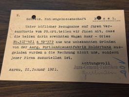 1921 Swiss Postcard - jura cement Kohlengenossenschaft