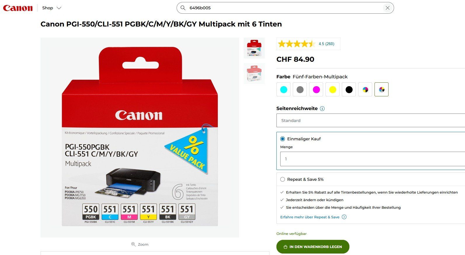 Canon Cartucce per stampanti & toner: PGI-550PGBK+CLI-551BK+CLI-551C+CLI-551M+CLI-551Y+CLI-551GY – Nuovo e nell'imballaggio originale da Glattbrugg venduto da copytron 1