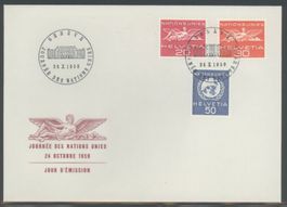 1959, FDC, ONU (D VII) UNO-Signet und geflügelte Gestalt