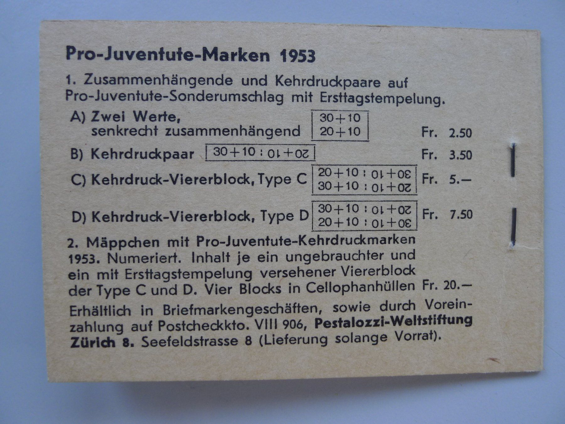 Tutti i francobolli: 1953, Pro-Juventute-Heftchen Nr.2 postfrisch ** Kat: 140.- – Usato da Sursee venduto da Luzernerraute 4