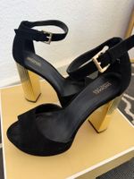 Sandales Michael Kors Porter en daim noir à talon doré – 38
