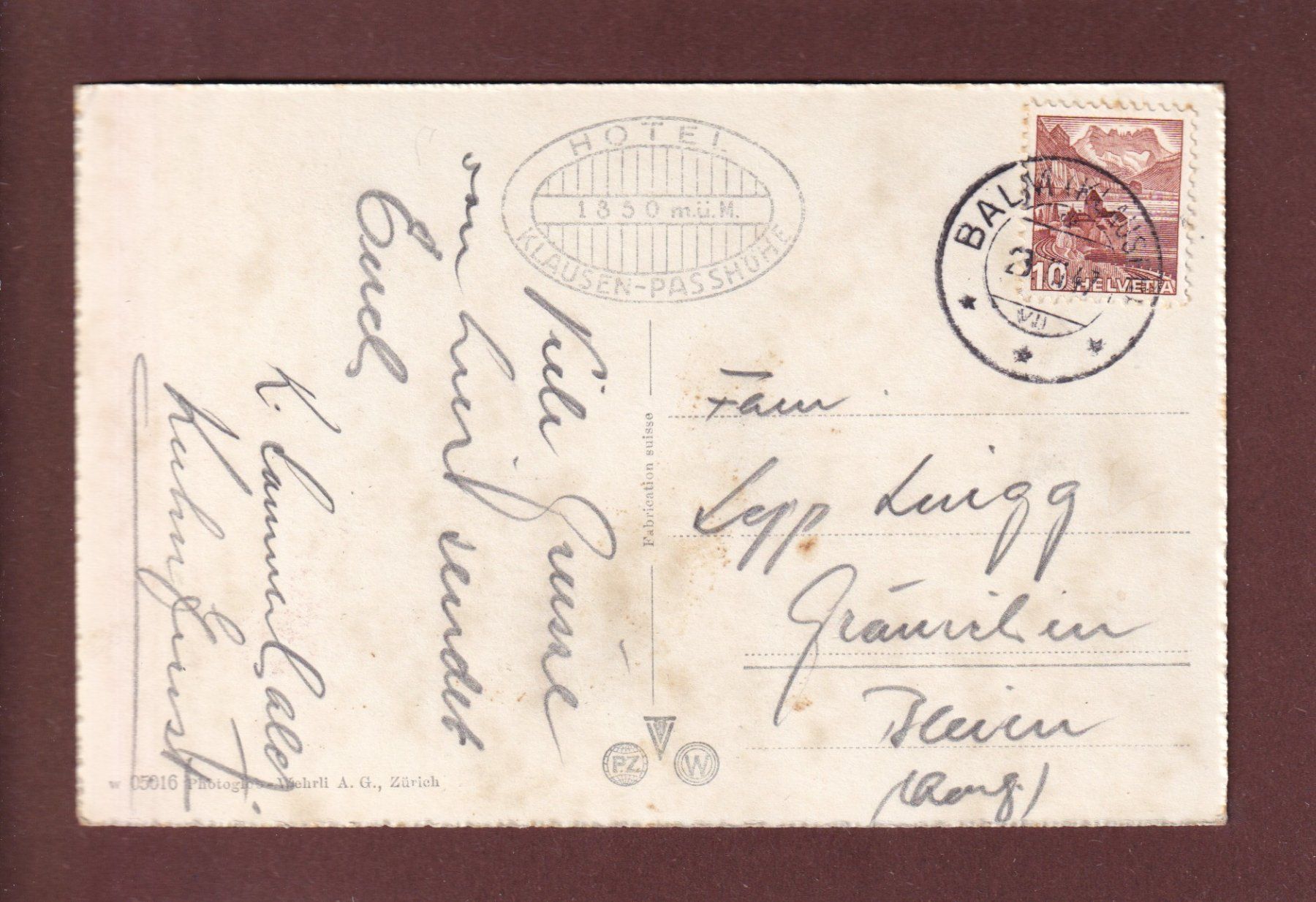 Cartoline postali: Hotel KLAUSEN-PASSHÖHE - 1947 – Usato da Pully venduto da nicecards 1