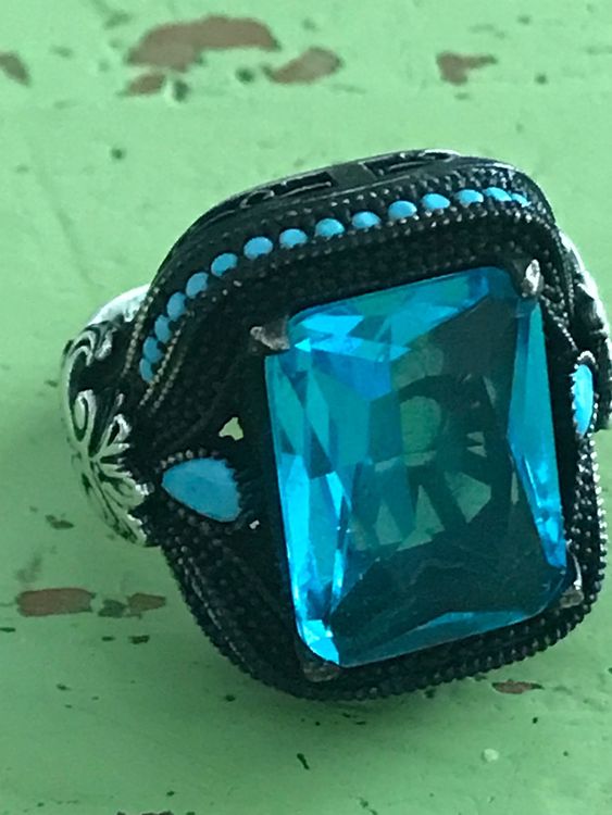 Türkischer Handgemachter Schmuck 925 Sterling Silber Aquamarin Herrenring Alle Größe