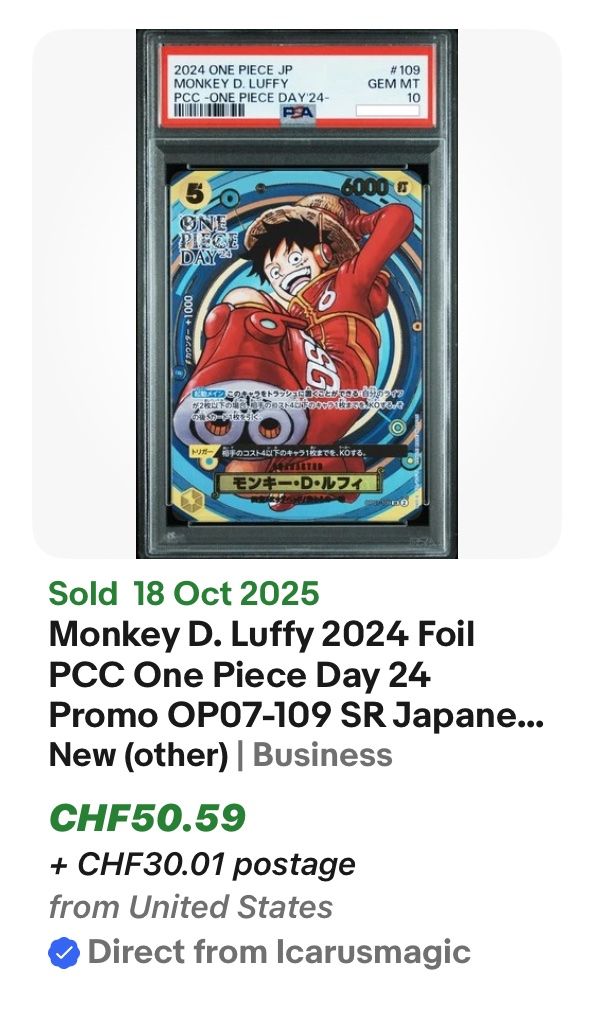 thumbnail image 2 of PSA 10 Monkey D. Luffy OP07-109 SR Promo – One Piece Day 24 Foil – Japanese, Bandai 2 of 6