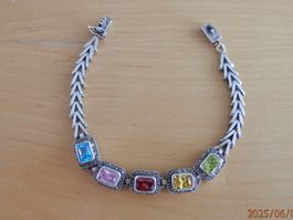 Armband, Handarbeit, bunte Steine u. Markasiten, 925 Silber