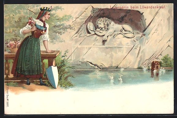 Ansichtskarten: Litho Luzernerin beim Löwendenkmal – Gebraucht aus Berlin von bartko-reher