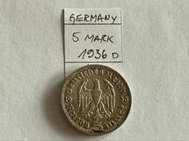 Deutsches Reich 5 Mark 1936 D Paul von Hindenburg