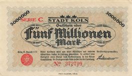 Köln 5 Mil. Mark 15.08.1923 KN 6 stellig VZ-VZ+