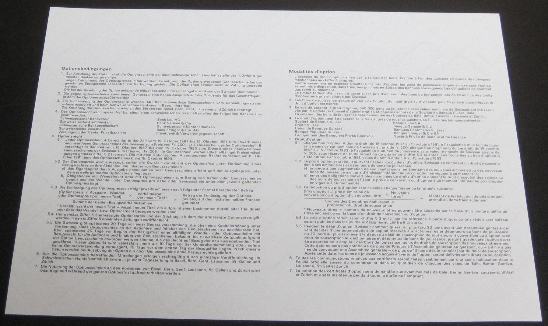 Documents: Swissair Optionsschein B – D'occasion à Waltenschwil par lehrblaetz55 1
