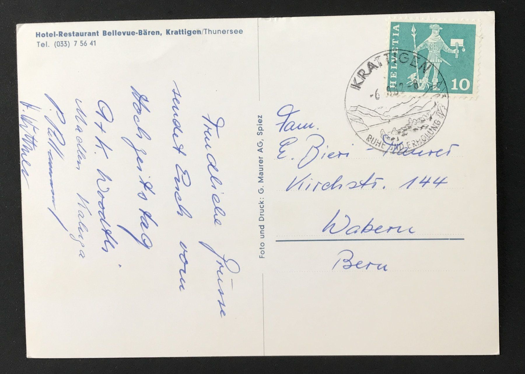 Cartoline postali: ANSICHTSKARTE HOTEL-REST. BELLEVUE-BÄREN KRATTIGEN – Usato da Ostermundigen venduto da wini63 1