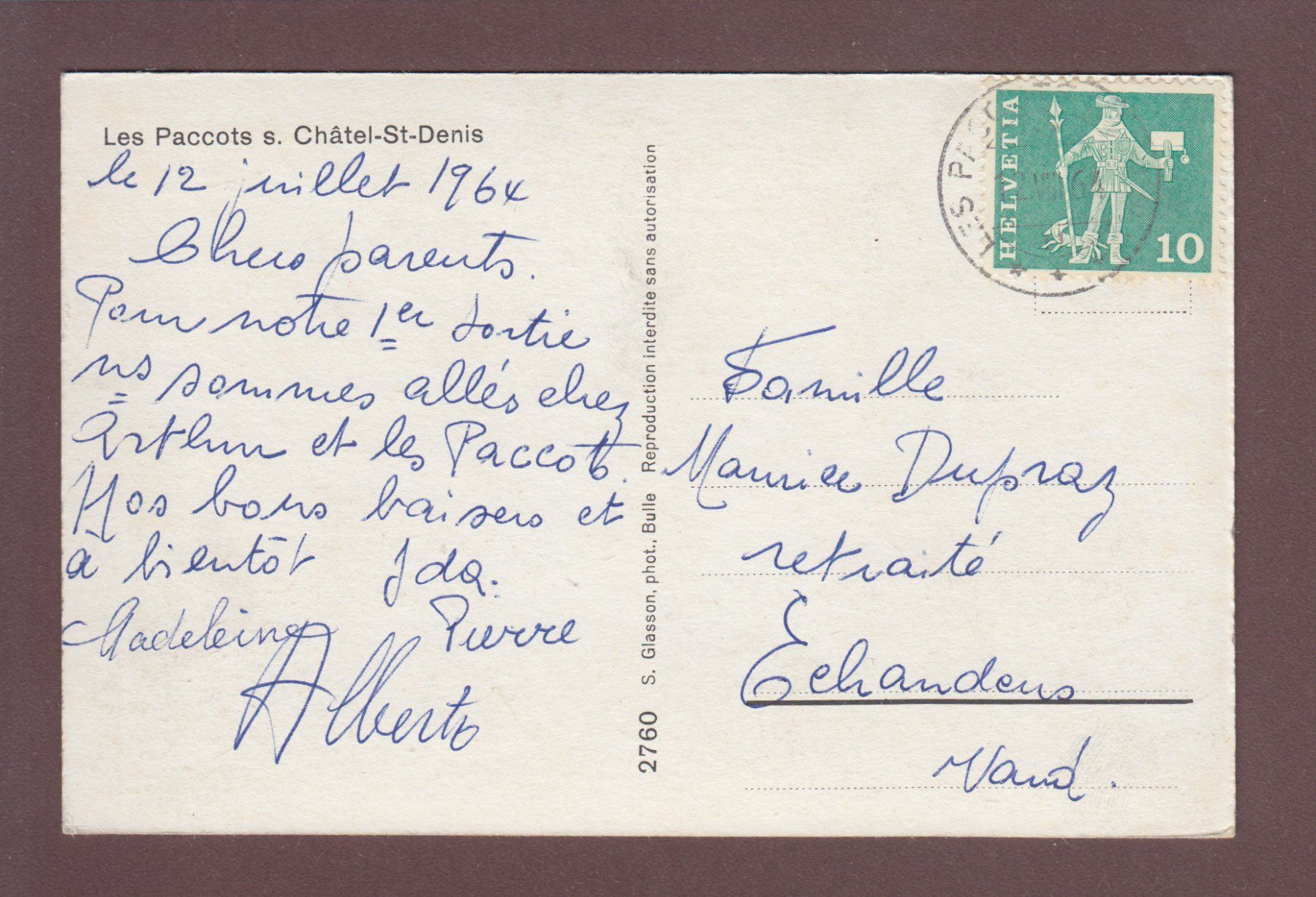 Cartoline postali: LES PACCOTS sur Châtel-St.-Denis - 4 images - 1964 – Usato da Pully venduto da nicecards 1