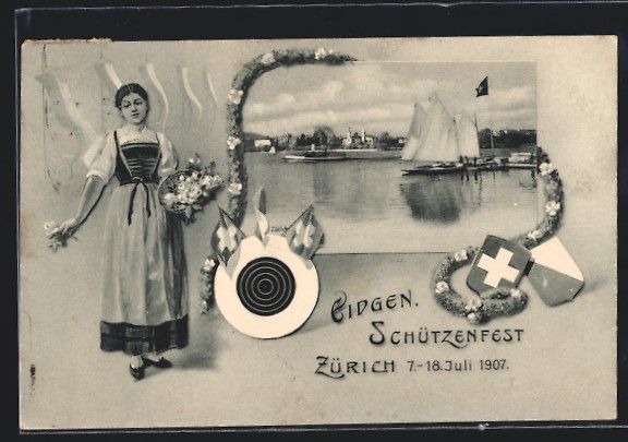 Cartoline postali: Zürich, Eidgen. Schützenfest 1907, Dam – Usato da Berlin venduto da bartko-reher