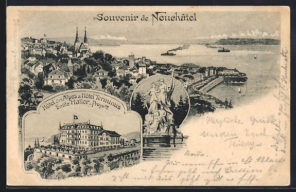 Cartoline postali: Neuchatel, Hotel des Alpes, Hotel Termin – Usato da Berlin venduto da bartko-reher