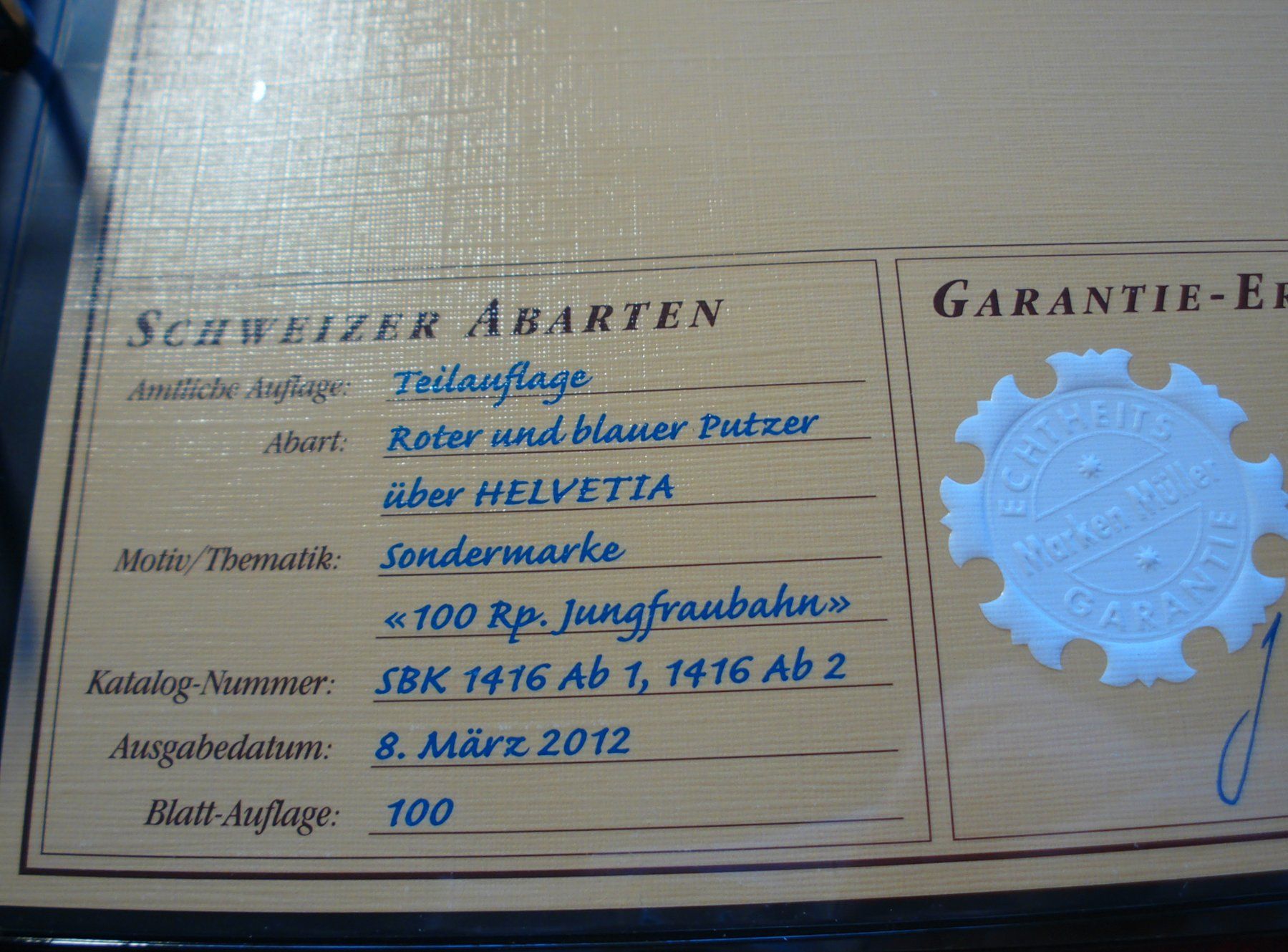 Alle Briefmarken: Abart "Jungfraubahn"  2012, **, roter+ blauer Putzer – Gebraucht aus Niederwil AG von morostahu 2