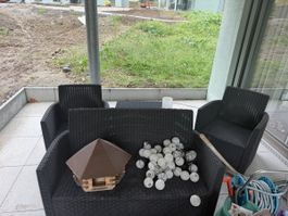 Lounge Set Rattan schwarz mit zwei Sesseln +Kissen