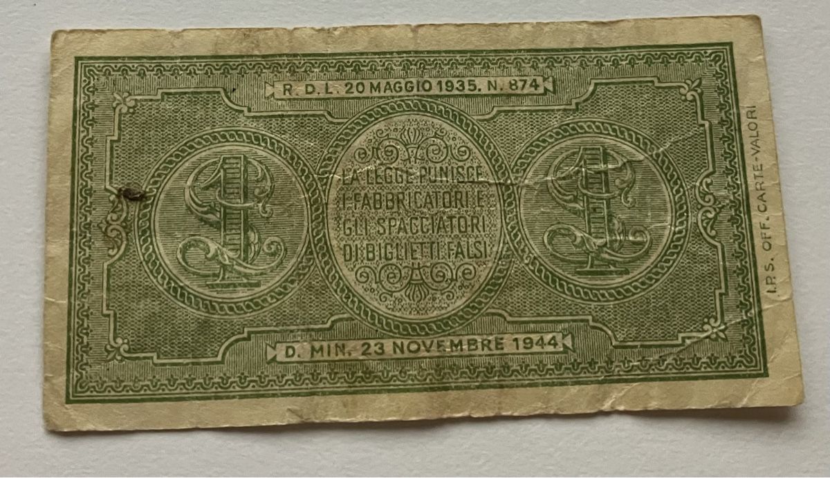 Banknoten: Italien 1 Lira 1944 – Gebraucht aus Algetshausen von Carrhard 1