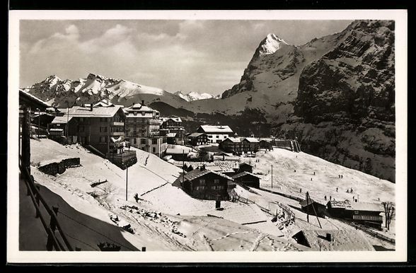 Cartoline postali: Mürren, Dorf im Schnee mit Bergpanorama – Usato da Berlin venduto da bartko-reher