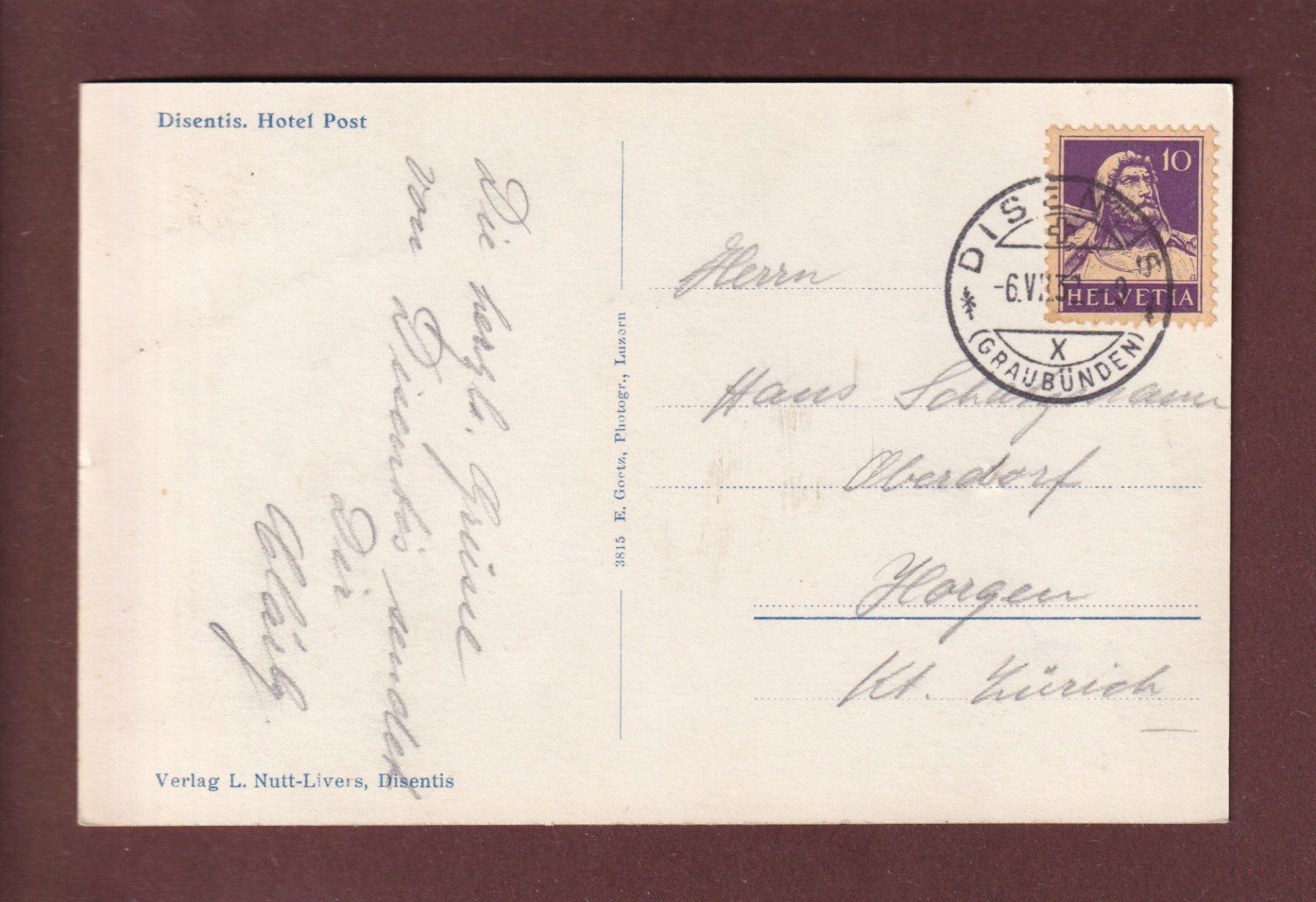 Cartoline postali: DISENTIS - Hotel Post - 1932 – Usato da Pully venduto da nicecards 1