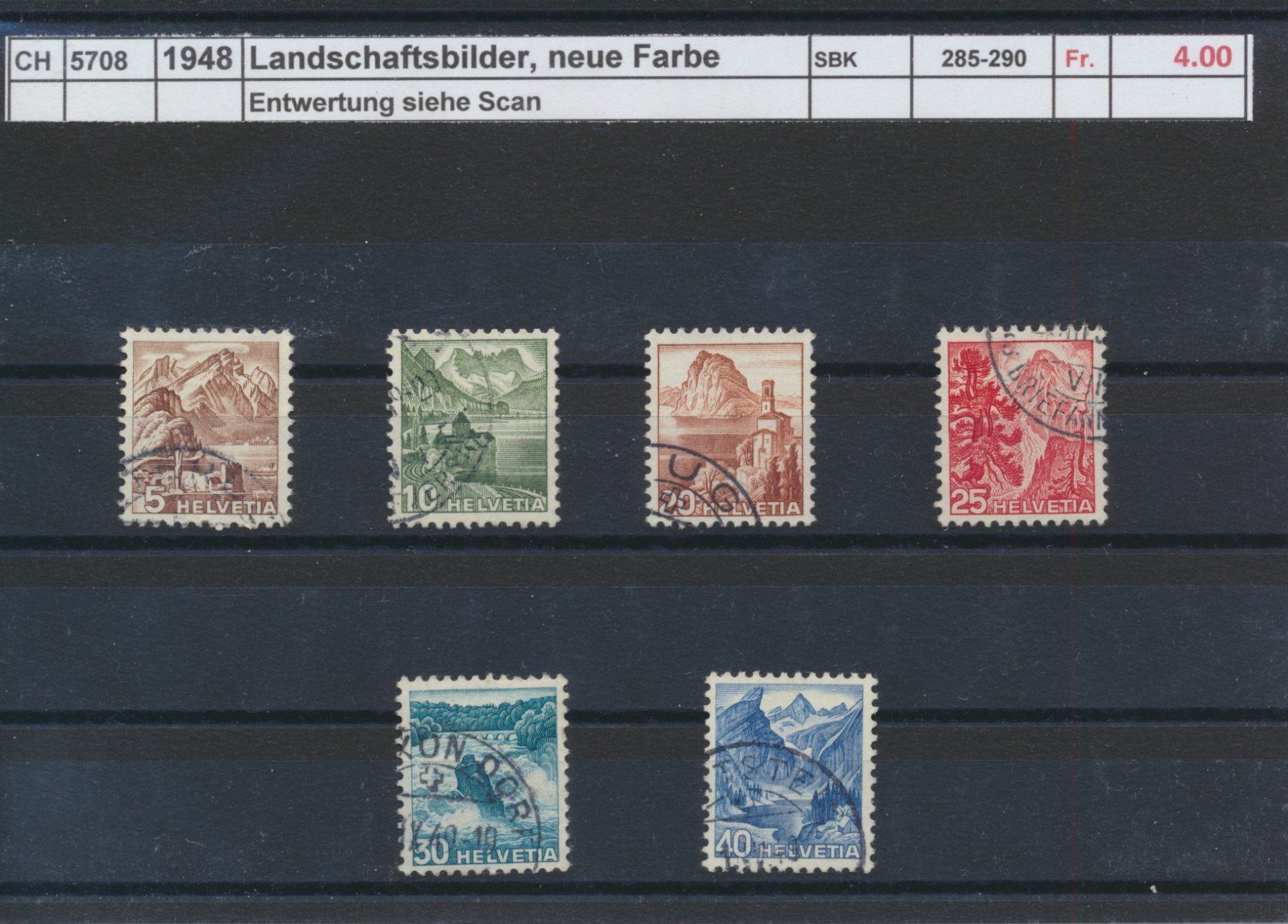 Tutti i francobolli: 1948 "Landschaftsbilder, Farbänderung", gestempelt – Usato da Winterthur venduto da Zupogeru