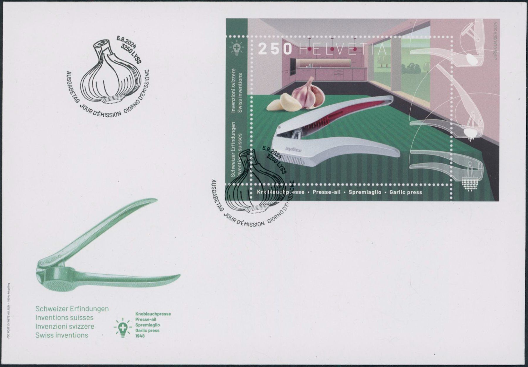 Alle Briefmarken: 2024 - Knoblauchpresse - Block - Ersttagsbrief FDC ET – Gebraucht aus Schindellegi von leecollect