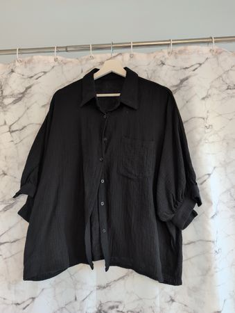 Damen Bluse schwarz Oversize mit Brusttasche und 3/4 Ärmel