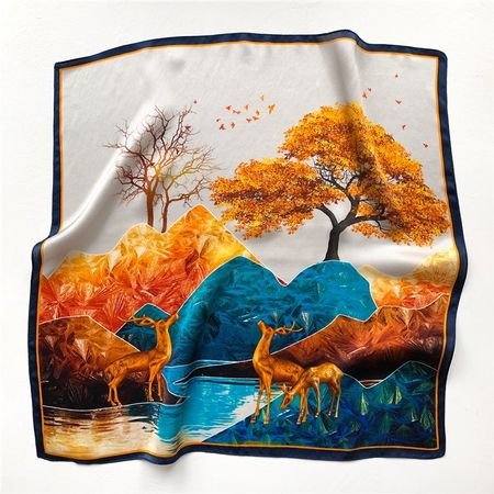 New 53cm Silk Scarf, Deers Enchanting Lake 100% Silk