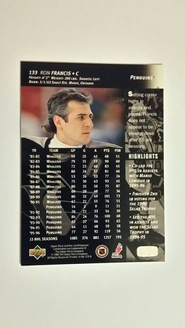 NHL Sammelbilder & Trading cards: NHL Card, UPPER DECK, 1996/1997, #133, Ron Francis – Gebraucht aus Gossau ZH von SwissJapan 1