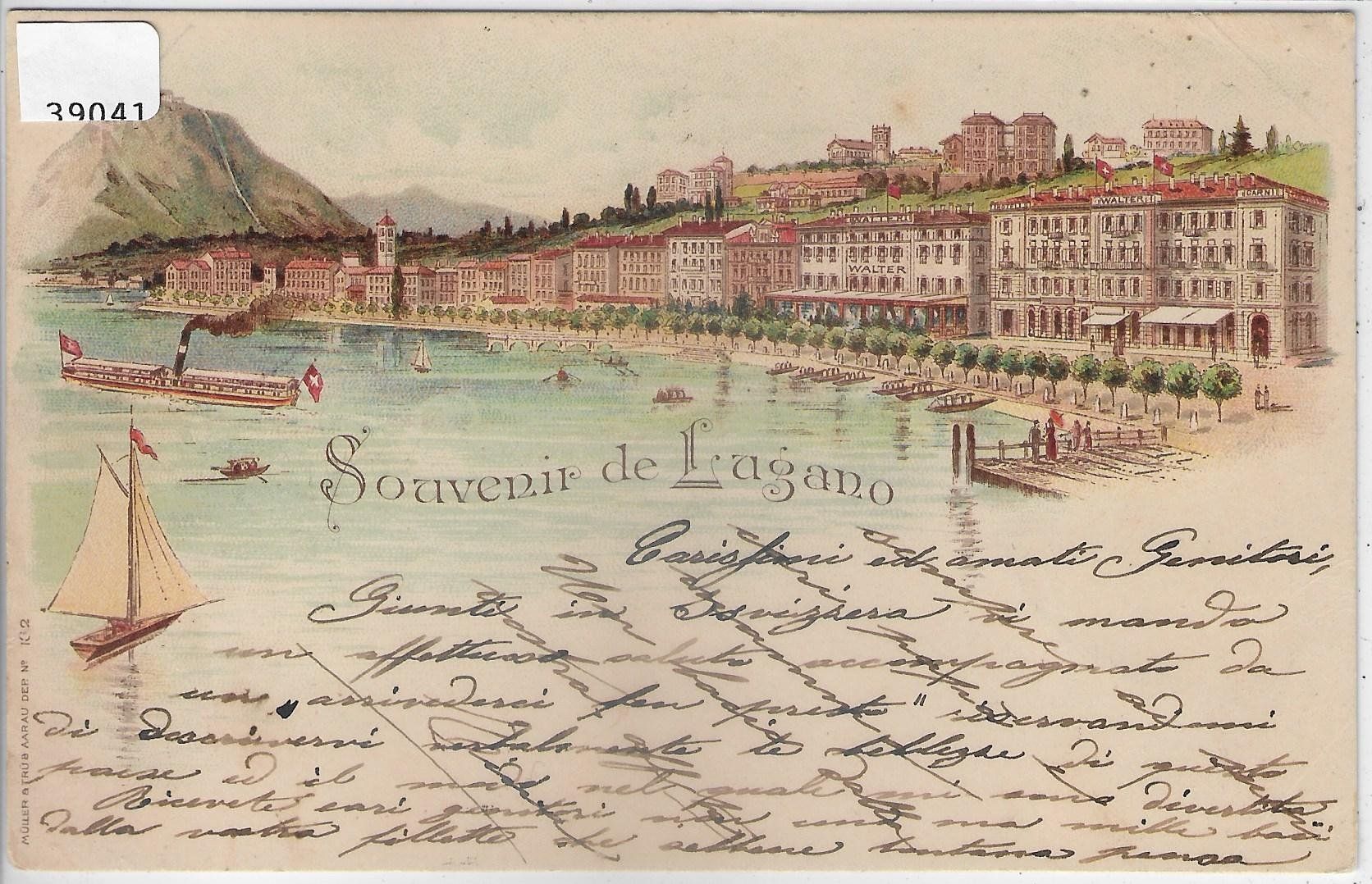 Cartoline postali: Souvenir de Lugano - Litho 1897 – Usato da Ettingen venduto da Kartenplanet