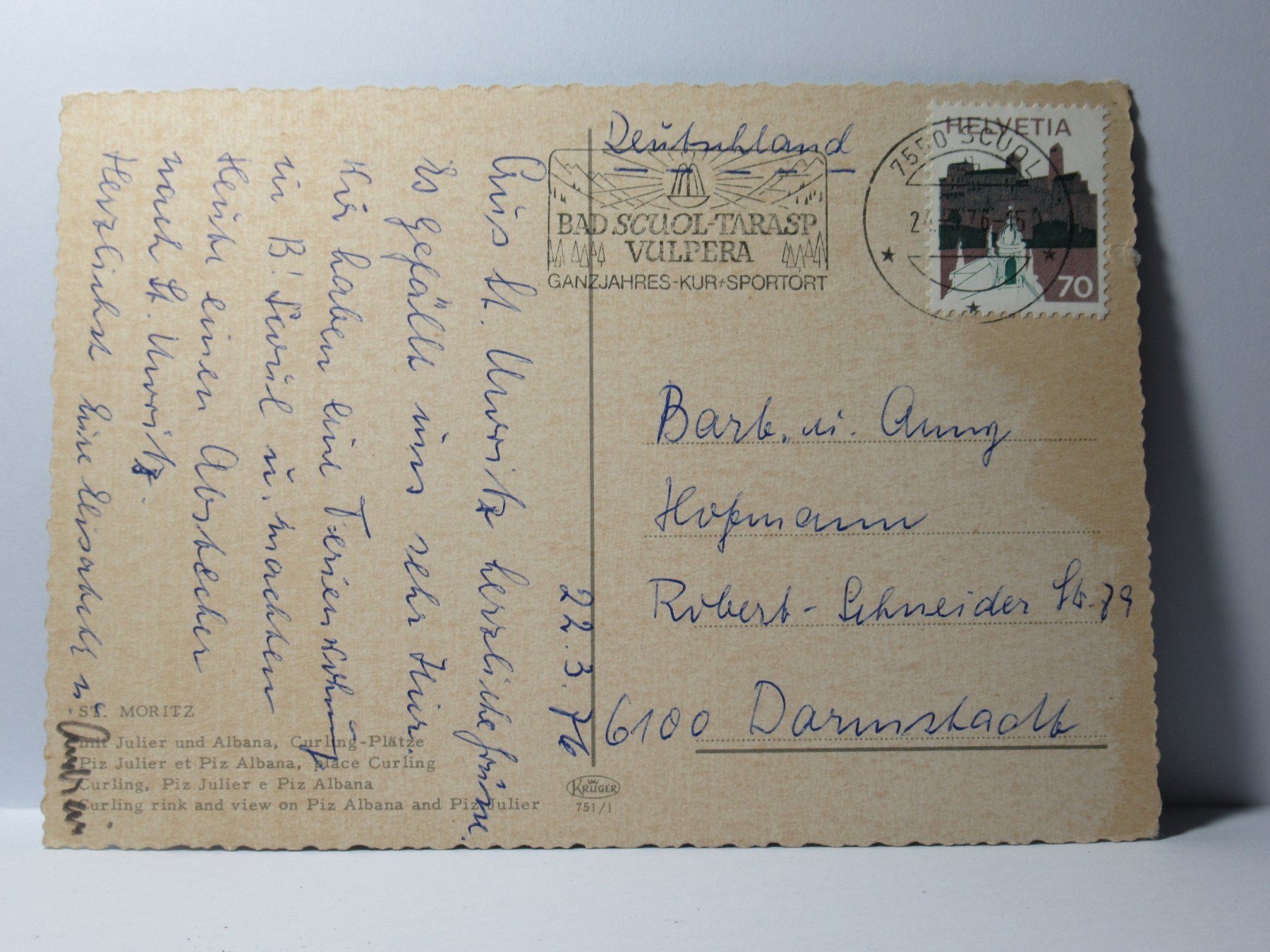 Cartoline postali: St. Moritz , Hotel , Curlingplätze  1976 – Usato da Grenchen venduto da Bluemchen1900 1